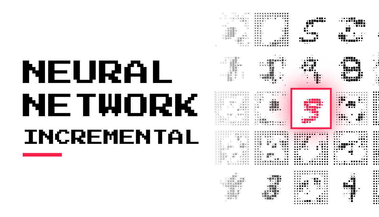 Neural Network Incremental: a wall of a network's Hidden Neurons, one of them lit red
